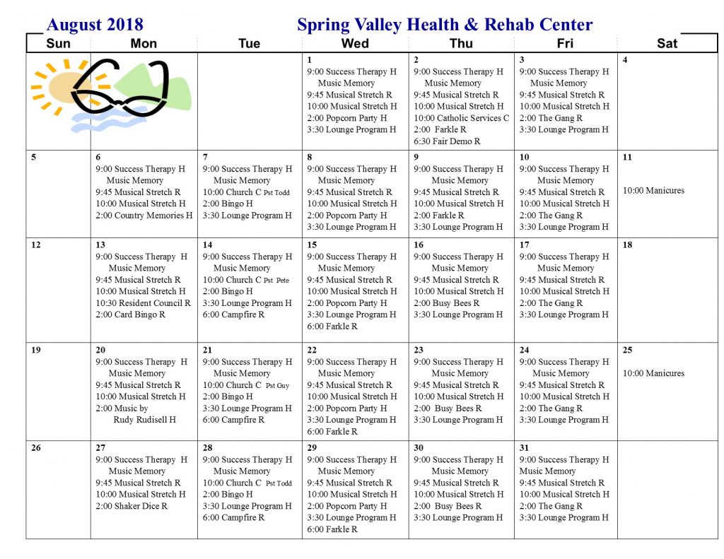 August Activity Calendar Spring Valley Senior Living And Health Care