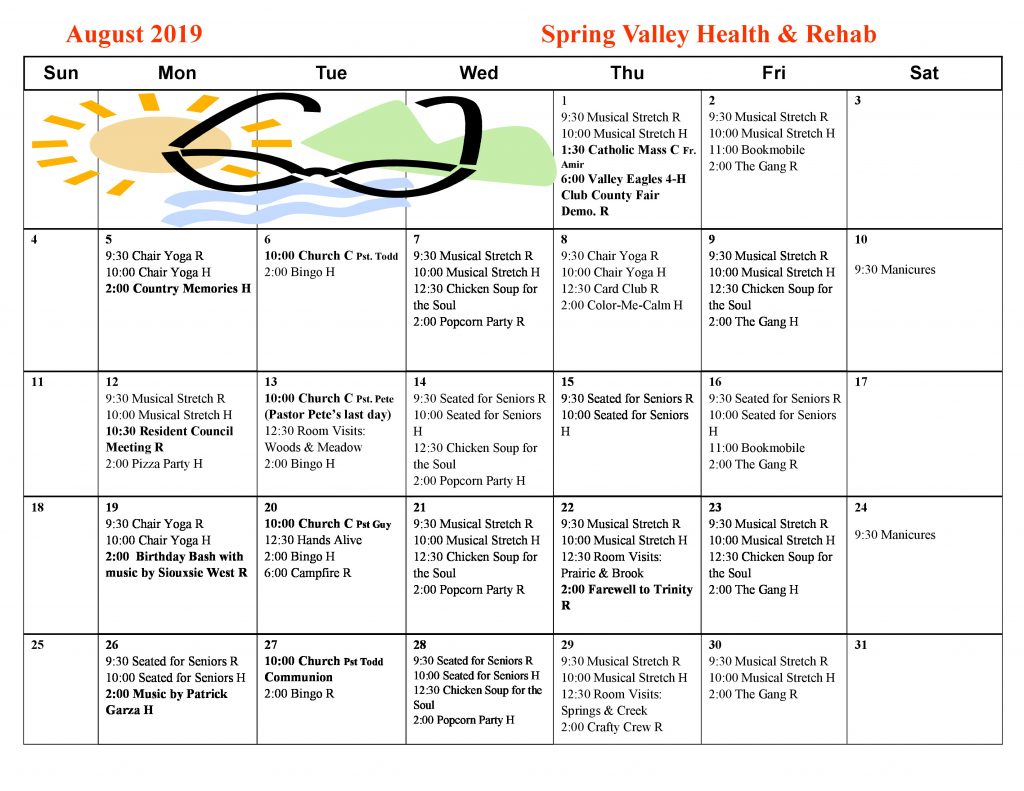 August Activity Calendar Spring Valley Senior Living And Health Care 