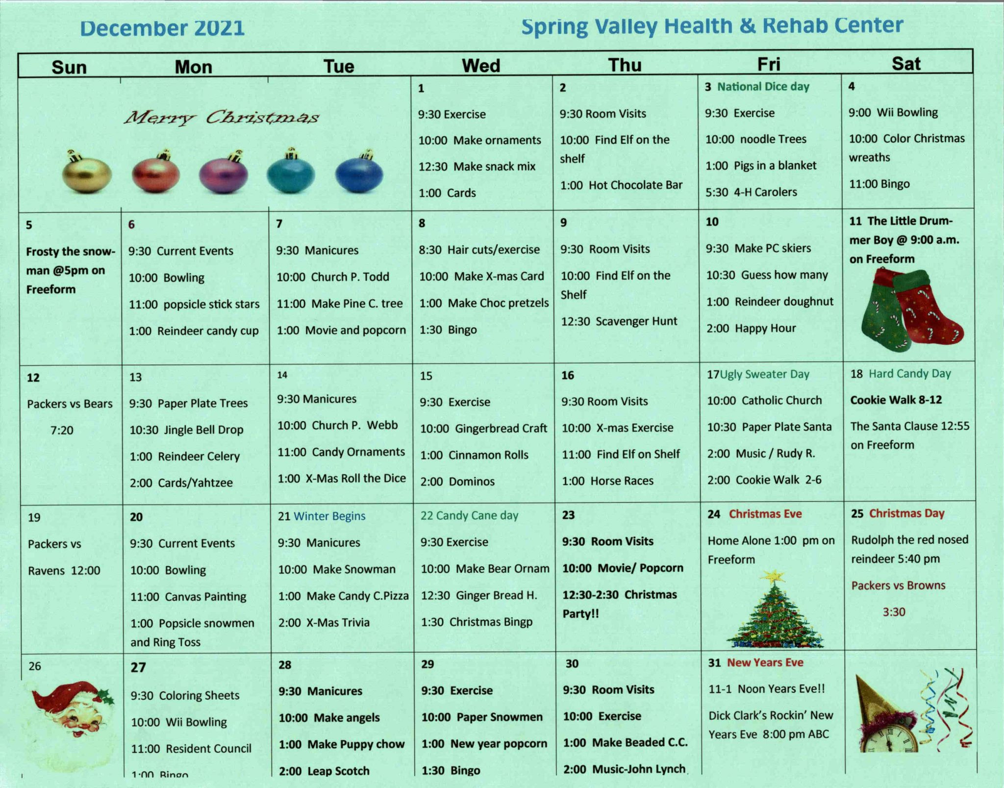 December 2021 Activity Calendar Spring Valley Senior Living And 