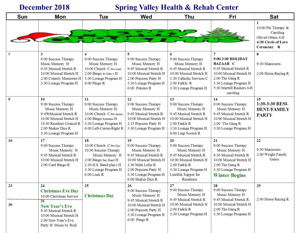 December Activity Calendar Spring Valley Senior Living and Health