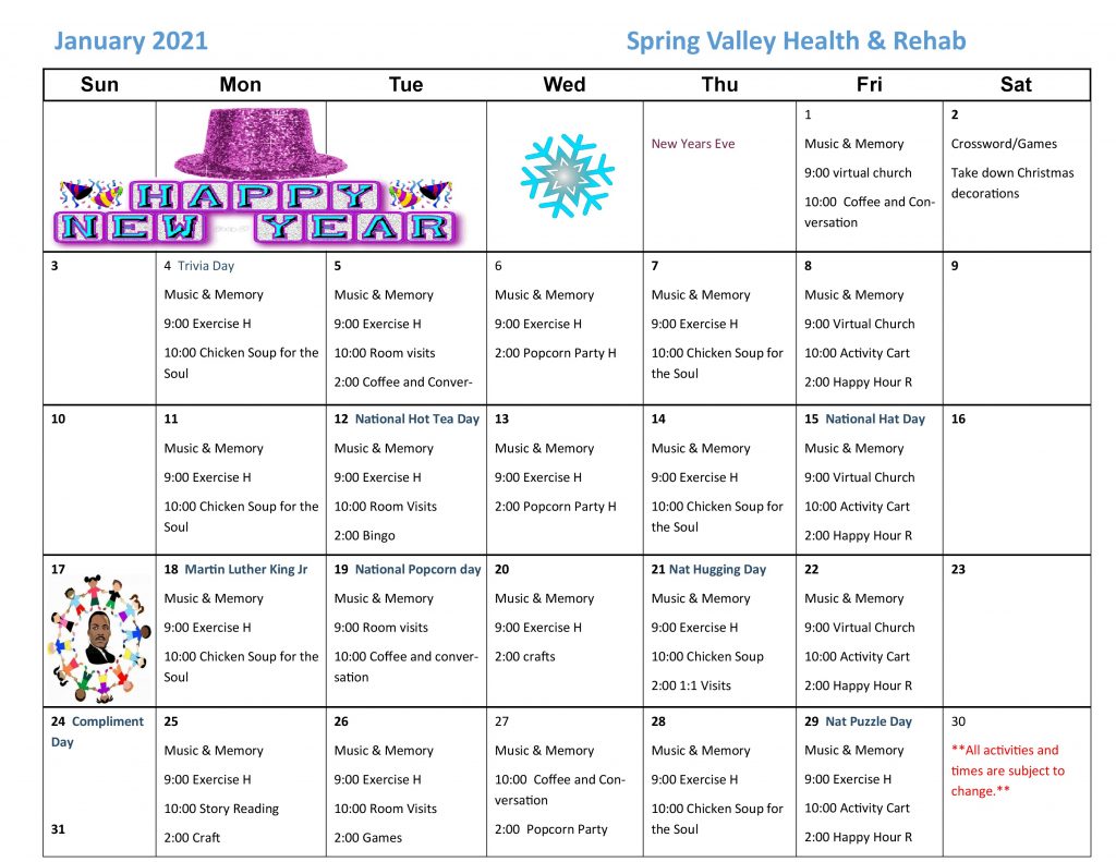 January 2021 Activity Calendar Spring Valley Senior Living and Health