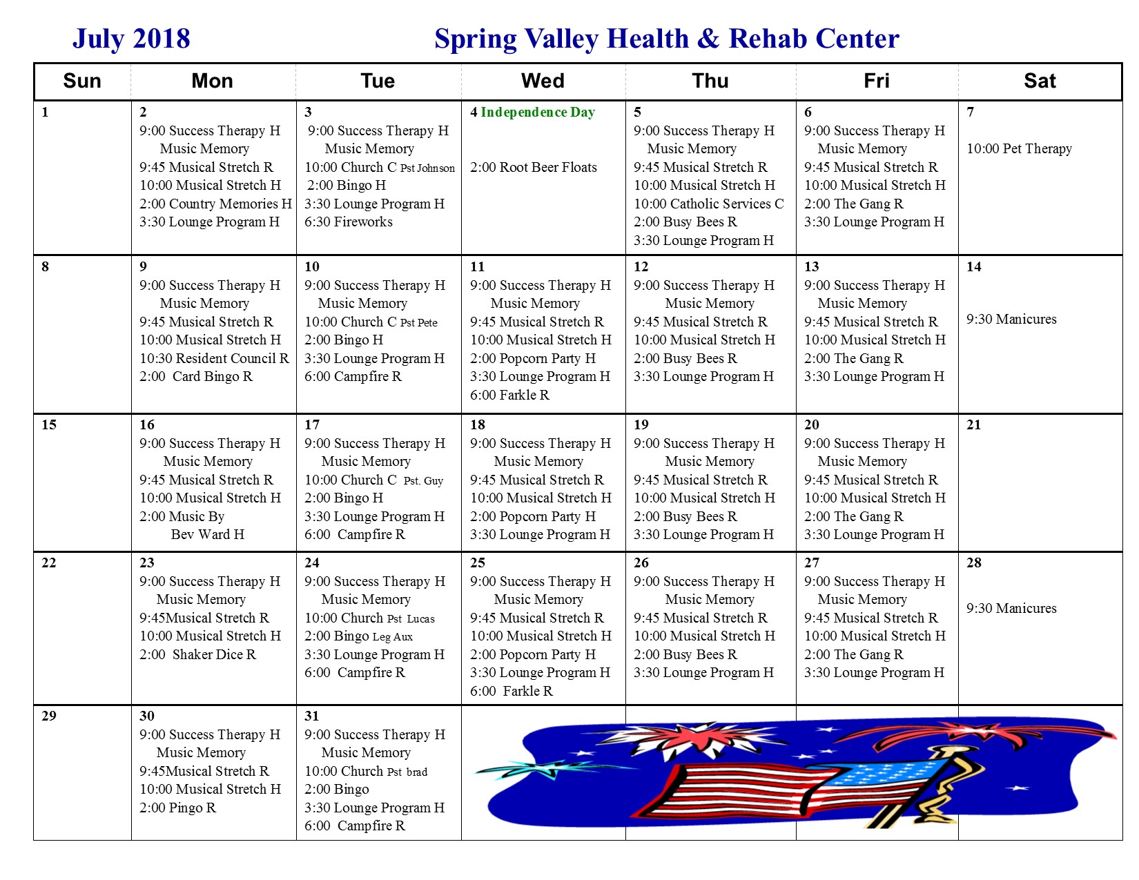 July Activity Calendar Spring Valley Senior Living and Health Care Campus