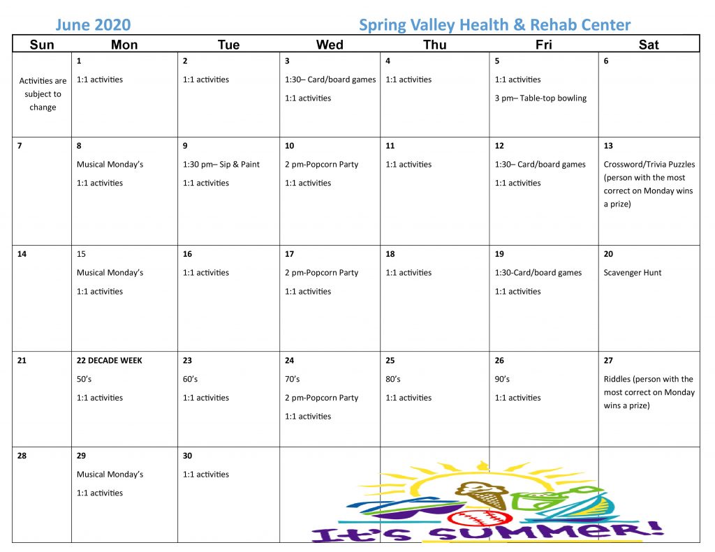June 2020 Activity Calendar Spring Valley Senior Living and Health