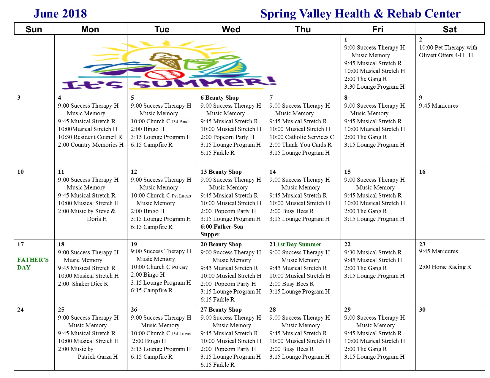 June Activity Calendar Spring Valley Senior Living And Health Care Campus