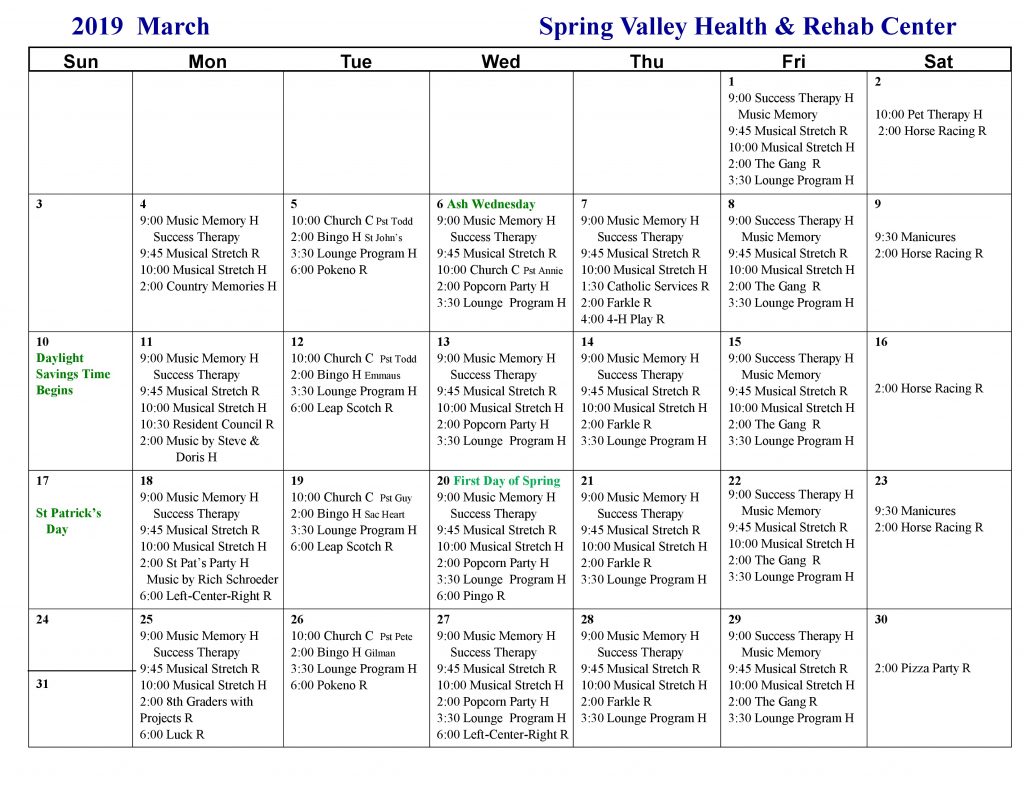 March Activity Calendar Spring Valley Senior Living and Health Care