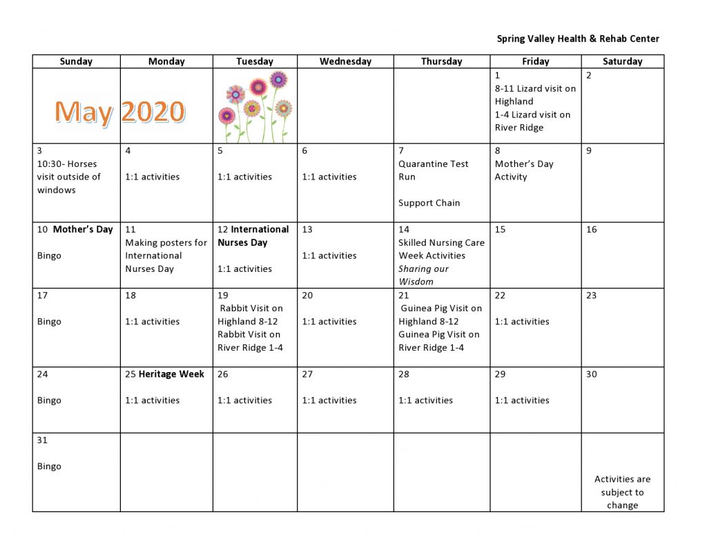 May 2020 Activity Calendar Spring Valley Senior Living and Health
