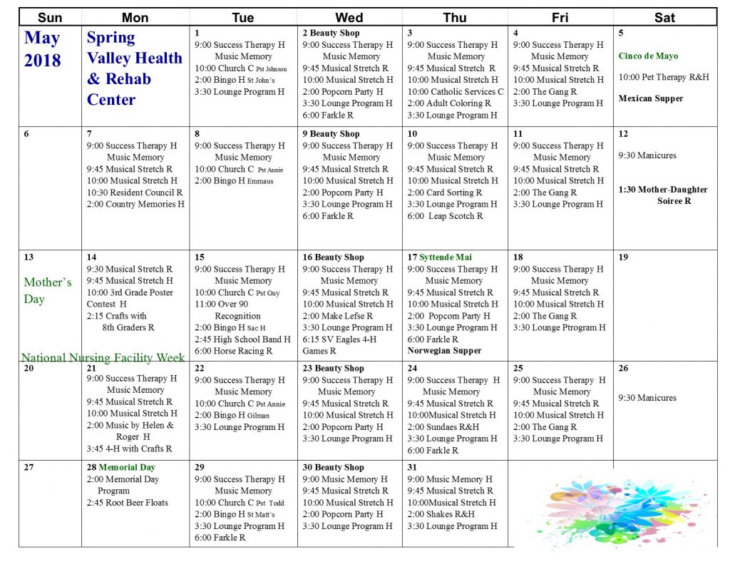May Activity Calendar Spring Valley Senior Living and Health Care Campus
