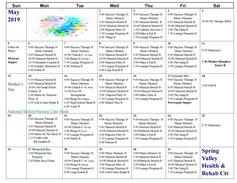 May Activity Calendar Spring Valley Senior Living and Health Care Campus