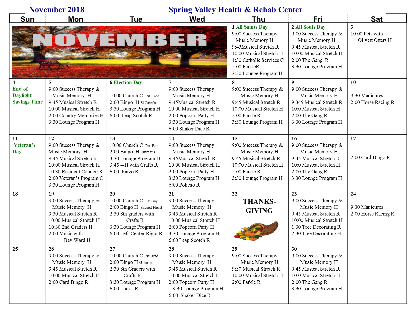 November Activity Calendar Spring Valley Senior Living And Health