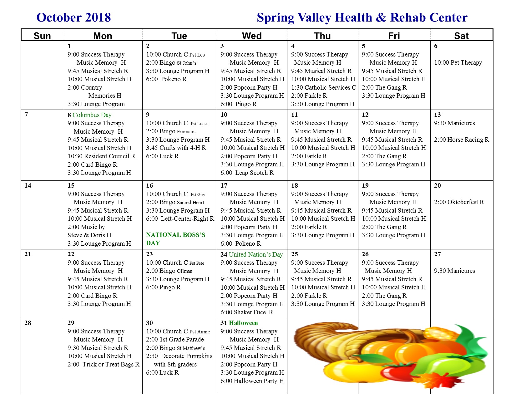 October Activity Calendar Spring Valley Senior Living And Health Care