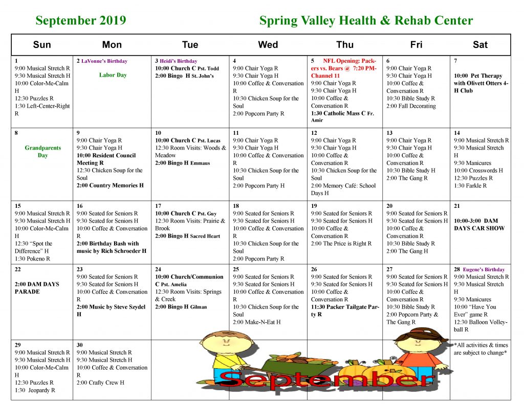 September Activity Calendar Spring Valley Senior Living and Health