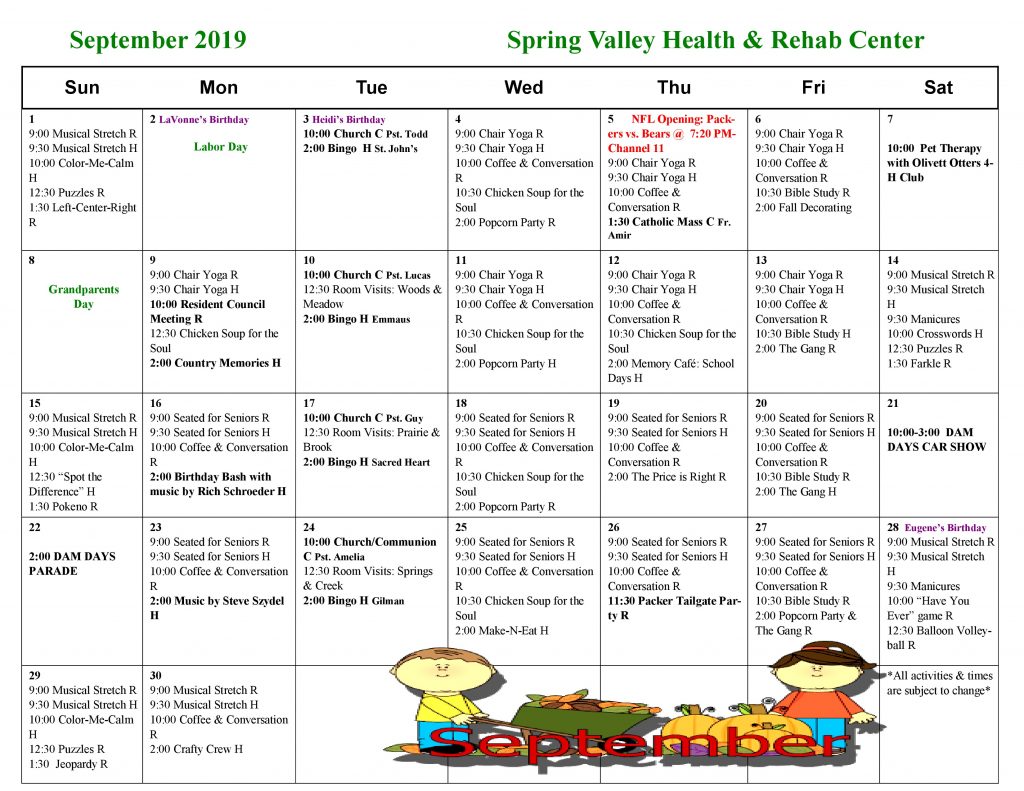 September Activity Calendar Spring Valley Senior Living And Health