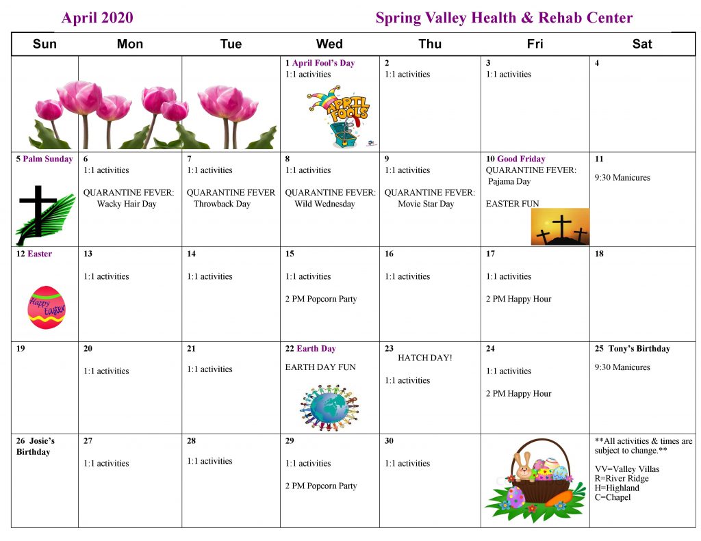 April 2020 Activity Calendar Spring Valley Senior Living And Health 
