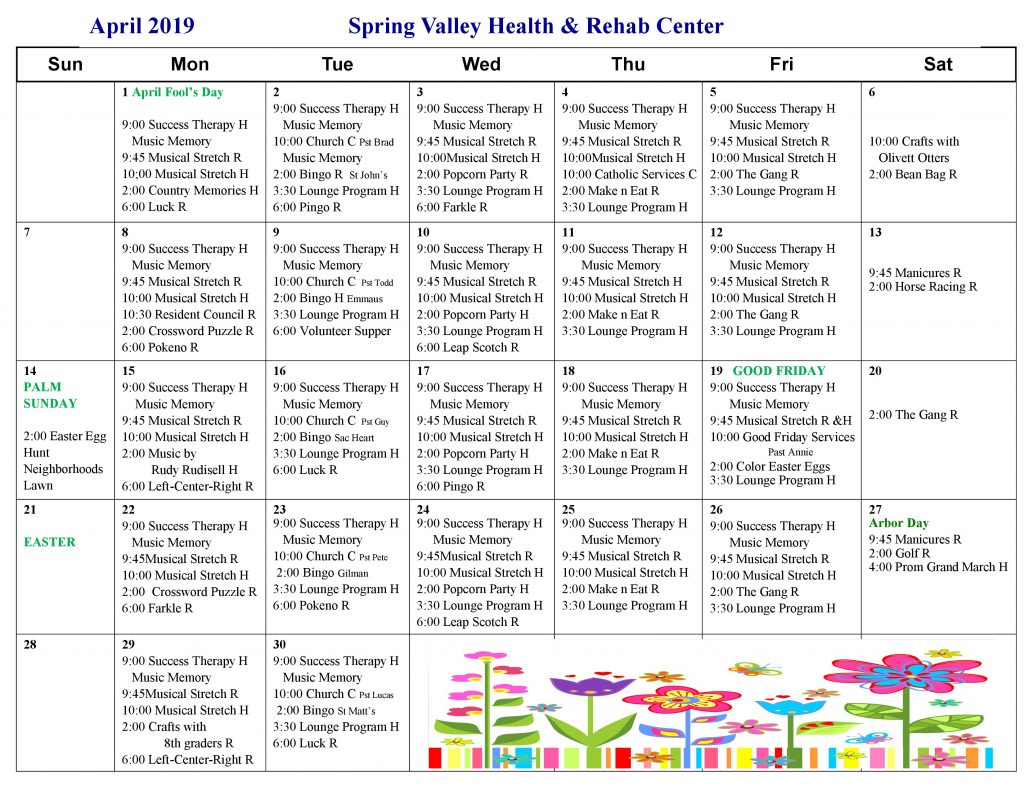 April Activity Calendar Spring Valley Senior Living And Health Care 