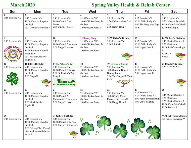 March 2020 Activity Calendar - Spring Valley Senior Living and Health ...