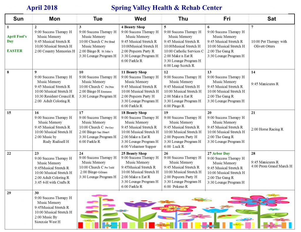 April Activity Calendar - Spring Valley Senior Living and Health Care ...